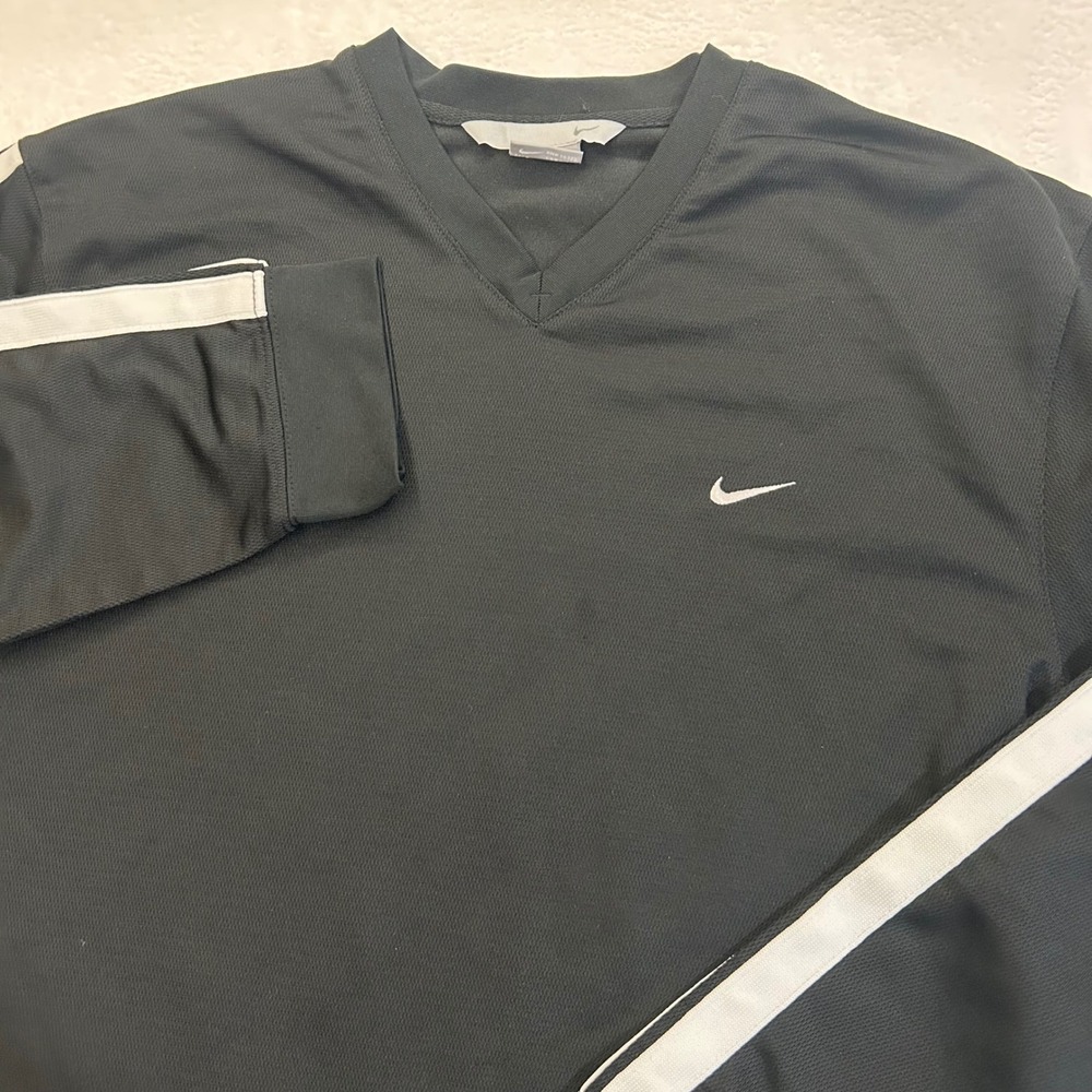 Nike Vintage Y2K Long Sleeve Shirt V-Neck Racing Stripe Mens L Black Grey Tag